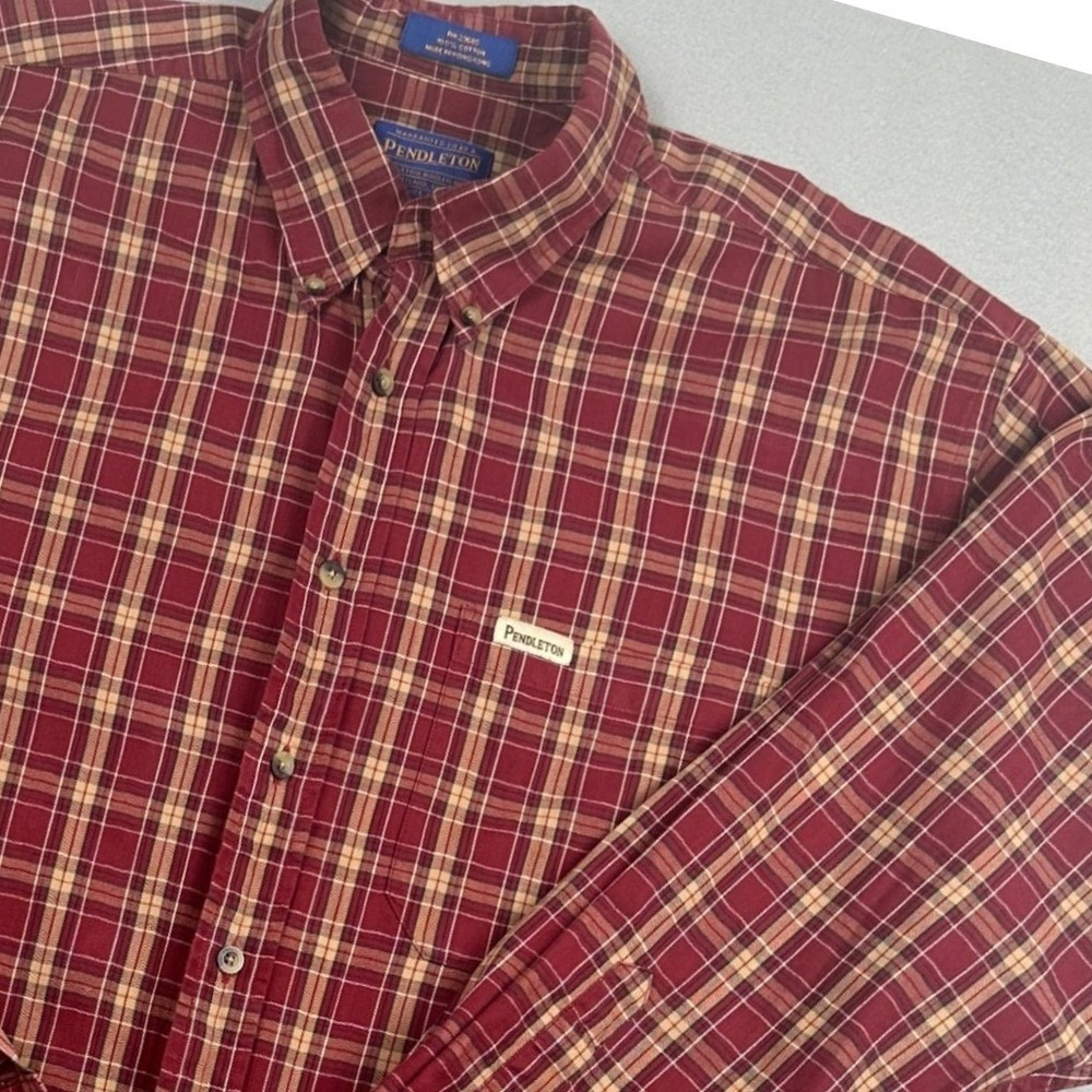 Vintage 90s Pendleton Button Down Shirt Mens Large Burgundy Red Plaid Cotton  L